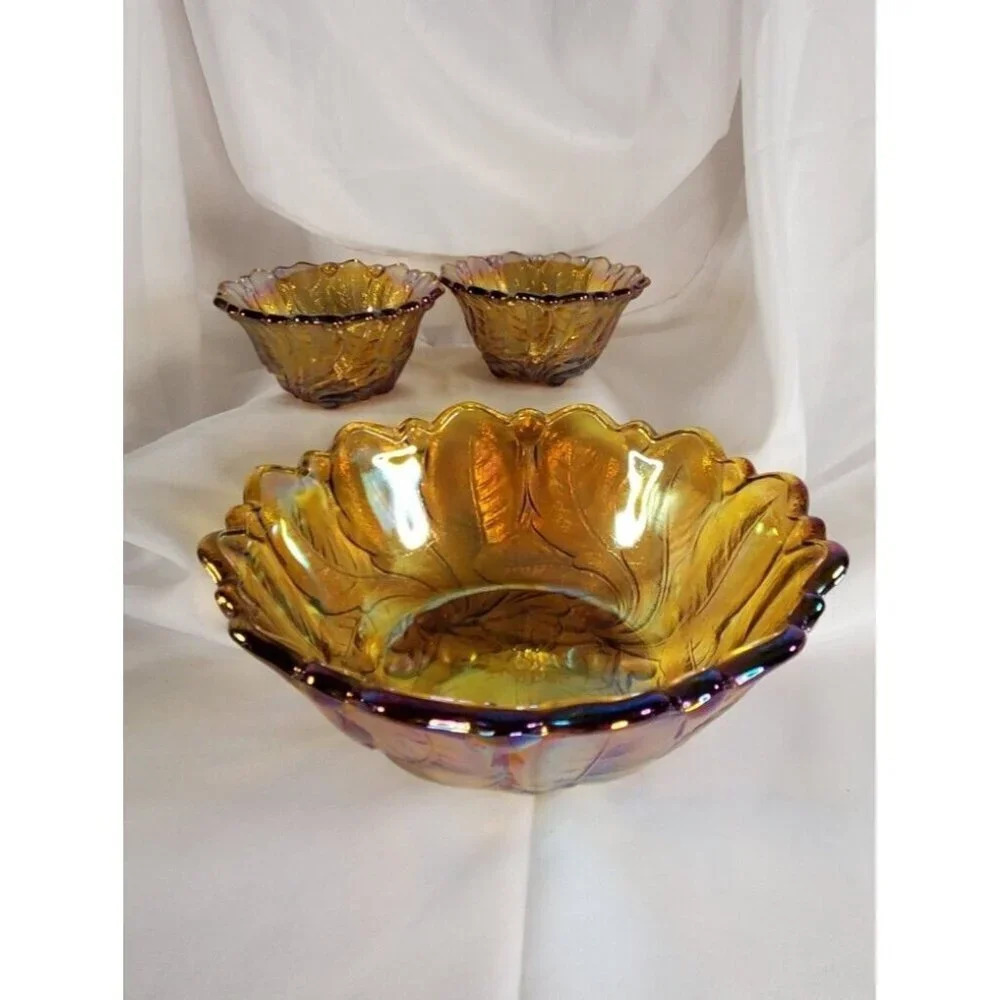 Vtg Indiana Glass Iridescent Gold Carnival Glass #1211 3pc Console Set Footed - Picture 4 of 13